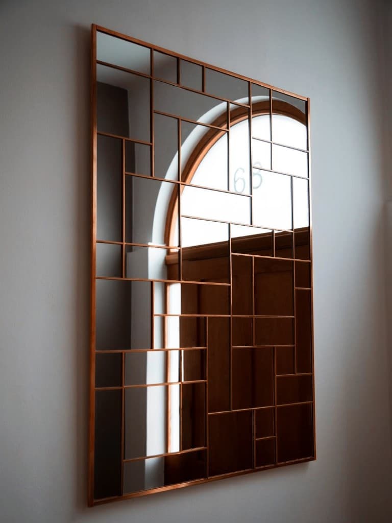 The Mondrian Mirror, A composition of rectilinear panes, held in a grid of hand-formed copper.